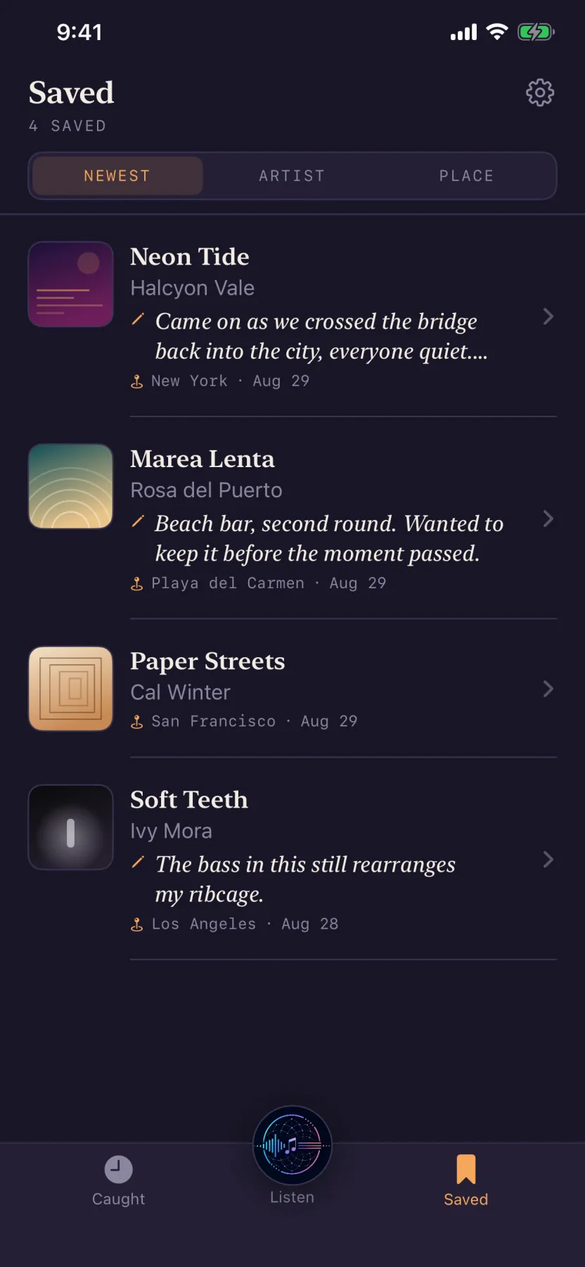The Saved shelf: kept songs with the listener's own notes.