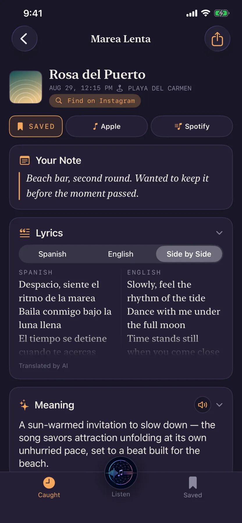 A single catch in full: artwork, a button opening it in Apple Music, the lyrics beside their translation, and space for a note.